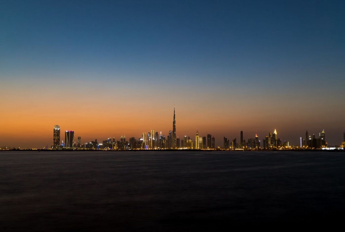 The Dubai skyline at twilight.