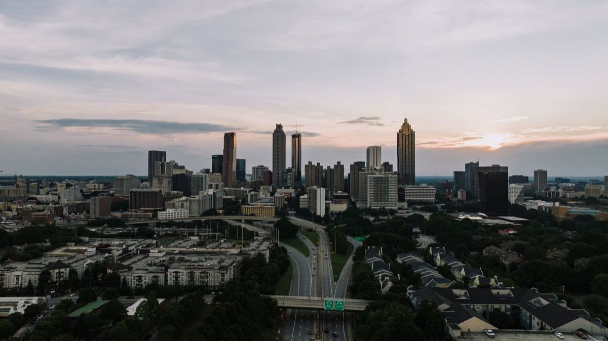 The Atlanta skyline at dusk, the metro area our Marietta office sits in.